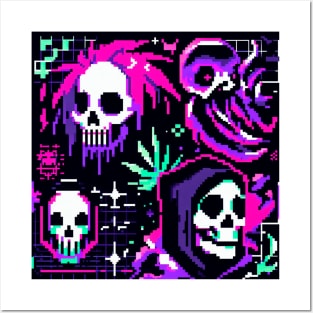 Patron Calaveras Mutantes y Pulpo Alien Morado Pixelados 2 Posters and Art